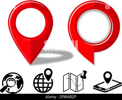 Geolocation map points icons set. Red 3D icons with drop shadow. Black flat icons for the site. Vector on transparent background Stock Vector