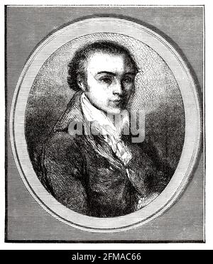 Portrait of André Marie Chénier (1762-1794) was a French poet of Greek and Franco-Levantine origin, associated with the events of the French Revolution of which he was a victim. He was guillotined for supposed crimes against the state, just three days before the end of the Reign of Terror. France. Old 19th century engraved illustration from Histoire de la Revolution Francaise 1876 by Jules Michelet (1798-1874) Stock Photo