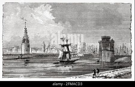 Panoramic general view of the city and the port of La Rochelle, Charente Maritime. France. Old 19th century engraved illustration from Histoire de la Revolution Francaise 1876 by Jules Michelet (1798-1874) Stock Photo