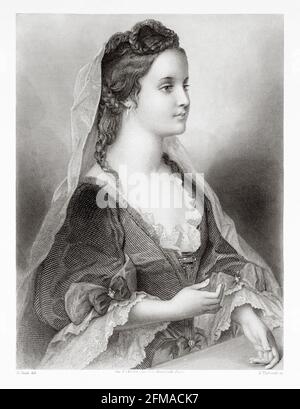 Portrait of Duchess of Burgundy. Marie Adélaide of Savoy (1685-1712) was the wife of Louis, Dauphin of France, Duke of Burgundy. She was the eldest daughter of Victor Amadeus II, Duke of Savoy, and of Anne Marie d'Orléans. France. Old 19th century engraved illustration from Galerie de Femmes Celebres by M. Sainte-Beuve 1864 Stock Photo