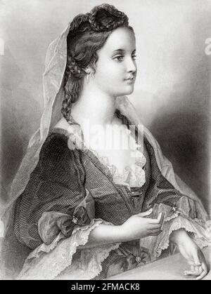 Portrait of Duchess of Burgundy. Marie Adélaide of Savoy (1685-1712) was the wife of Louis, Dauphin of France, Duke of Burgundy. She was the eldest daughter of Victor Amadeus II, Duke of Savoy, and of Anne Marie d'Orléans. France. Old 19th century engraved illustration from Galerie de Femmes Celebres by M. Sainte-Beuve 1864 Stock Photo