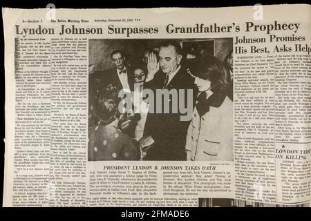 Lyndon Johnson being sworn in as US President, Dallas Morning News (replica copy), 23rd November 1963 following the assassination of John F Kennedy. Stock Photo