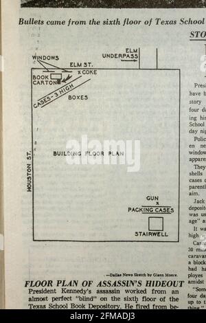 Articles and floor plan of Book Depository, Dallas Morning News (replica copy), 23rd November 1963 following the assassination of John F Kennedy. Stock Photo