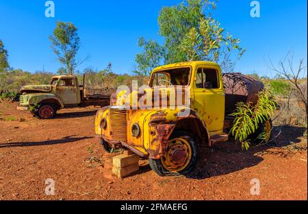 rusty container truck of Battery Hill Mining Center, Tennant Creek in Northern Territory, Central Australia. Old underground mine, now is a famous Stock Photo