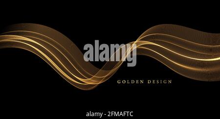 Abstract Gold Waves. Shiny golden moving lines design element on dark background for greeting card and disqount voucher. Stock Vector