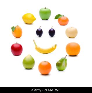 Different fruits in a circle on a white background Stock Photo