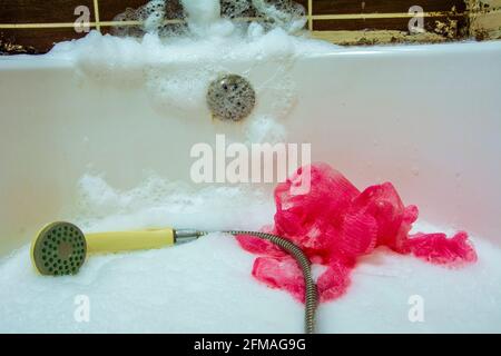 Shower head and shower sponge in a foamy bathtub in a bathroom with moldy walls Stock Photo