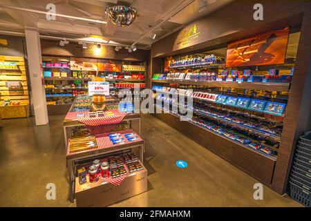 Titlis, Engelberg, Switzerland - Aug 27, 2020: Lindt store with chocolates, of the rooftop restaurant on the top of Titlis peak cable car station Stock Photo