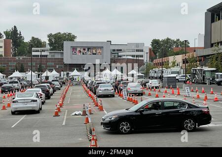 A general view of mass COVID-19 drive-up vaccination site at Cal State LA, Friday, May 7, 2021, in Los Angeles. Stock Photo