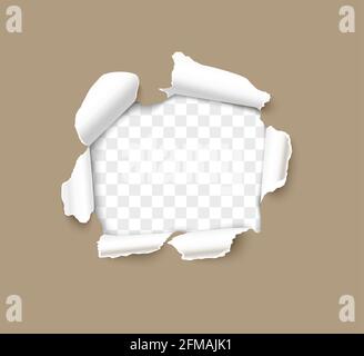 Torn hole ripped in paper page isolated on a transparent background. Realistic 3d vector style. Stock Vector
