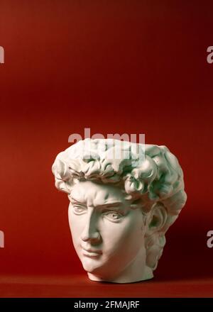 Gypsum statue of David's head. Michelangelo's David statue plaster copy. Stock Photo