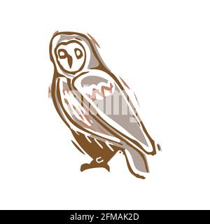 Naive carved owl block print motif icon. Cute rustic folk silhouette illustration clipart. Decorative hand carved lino unisex sticker. Isolated Stock Vector