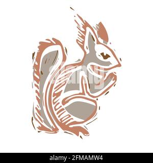 Naive carved squirrel block print motif icon. Cute rustic folk silhouette illustration clipart. Decorative hand carved lino unisex sticker. Isolated Stock Vector
