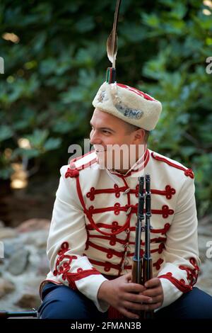 A soldier in Presidential Guard uniform. After the changing of the Guard ceremony, Presidential Palace, Sofia, Bulgaria Stock Photo