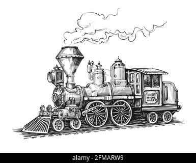 Retro steam locomotive transport sketch. Hand drawn vintage vector illustration Stock Vector