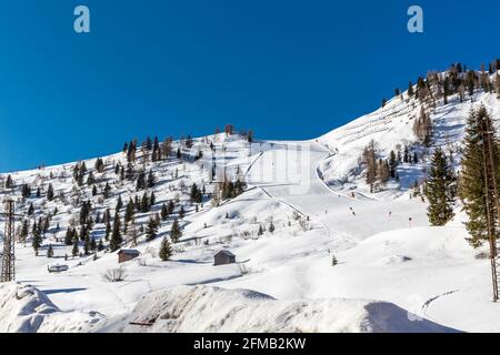 Campolongo ski slope, Campolongo Pass, Arabba, Corvara, Sella Group, South Tyrol, Alto Adige, Dolomites, Italy, Europe Stock Photo