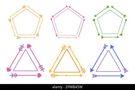 Set colorful arrows frames. Tribal native. Arrow bow in different variations triangle, pentagon. Colored vector linear shapes. Decorative elements for room, menu. Stock Vector