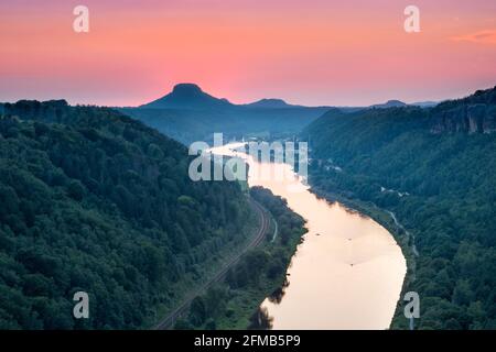 Germany, Saxony, near Schmilka, Saxon Switzerland National Park, Elbe Sandstone Mountains, view of the Elbe at sunset, behind the Lilienstein Stock Photo