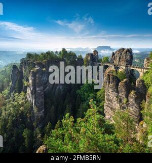 Germany, Saxony, Saxon Switzerland National Park, Elbe Sandstone Mountains, view of the Bastei bridge in the morning, behind the Lilienstein Stock Photo