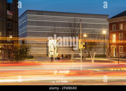 Bauhaus Museum Weimar at dusk, light trails from cars, Weimar, Thuringia, Germany Stock Photo