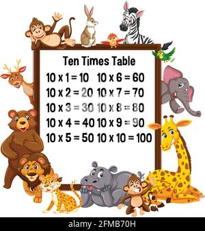 One Times Table with wild animals illustration Stock Vector