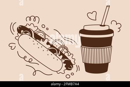 Fast food hotdog and soda takeaway cartoon set. Hand drawn glyph doodle hotdog and coffee cup to go sign. Craft card menu delicious fast food, cup drink tasty unhealthy lunch. Vector illustration Stock Vector