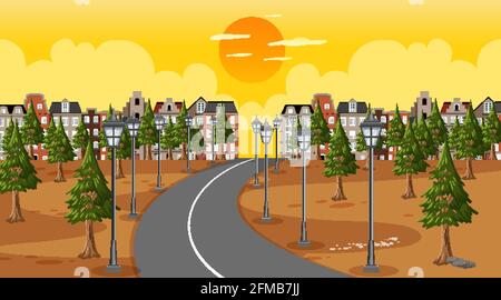 Background scene with long road through the park into the town at sunset time illustration Stock Vector