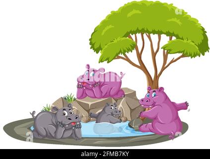 Isolated scene with hippopotamus group in the pond illustration Stock Vector