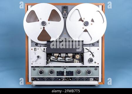Ferrograph Series 7 reel-to-reel tape recorder.  Built late 1960s-early 1970s.  Shown with recording heads and control panel covers open. Stock Photo