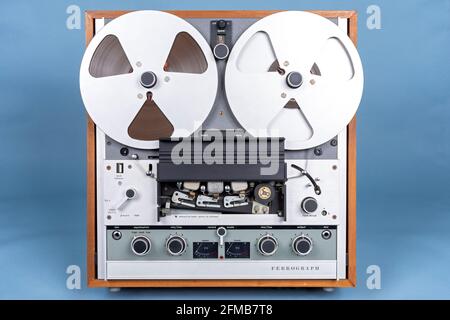 Ferrograph Series 7 reel-to-reel tape recorder.  Built late 1960s-early 1970s.  Shown with recording heads cover open. Stock Photo