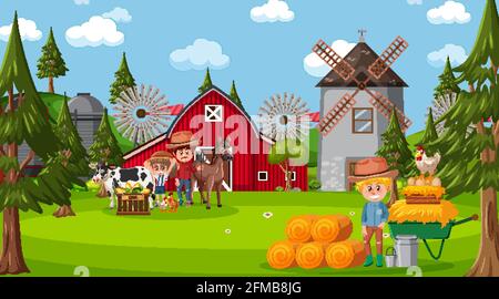 Farm scene with many kids and animals on the farm illustration Stock ...
