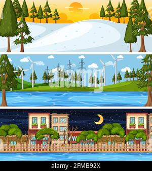 Set of different nature horizontal scenes illustration Stock Vector