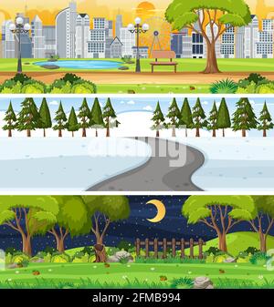 Set of different nature horizontal scenes illustration Stock Vector