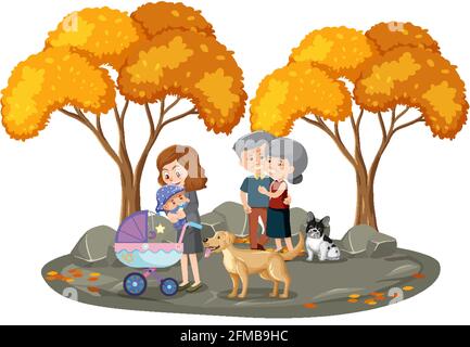 Mother holding her baby and an old couple in the park isolated illustration Stock Vector