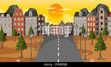 Long road through the park to the town illustration Stock Vector