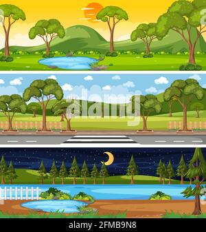 Set of different nature horizontal scenes illustration Stock Vector