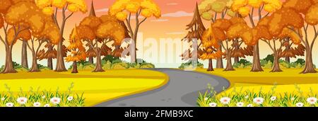 Road through the park horizontal landscape scene illustration Stock Vector