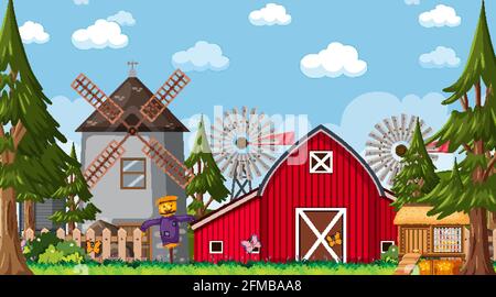 Empty farm scene with red barn and windmill illustration Stock Vector ...