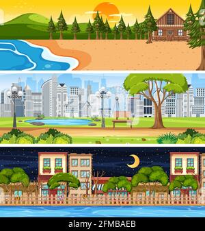 Set of different nature horizontal scenes illustration Stock Vector