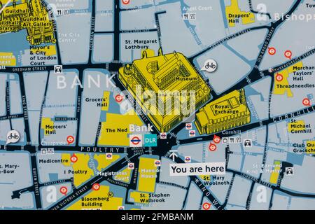 England, London, City of London, Street Map showing Bank of England and Surrounding Area Stock Photo