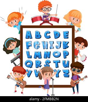 A-Z Alphabet board with many kids doing different activities illustration Stock Vector