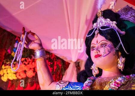 Close up portrat statue of saraswati maa, Goddess of music Stock Photo