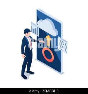Flat 3d Isometric Businessman Using Cloud Computing on Smartphone. Cloud Computing Technology Concept. Stock Vector