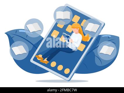 Woman Read Book and Relaxing Over Digital Tablet. Electronics Book or E-book and Online Library Concept. Stock Vector