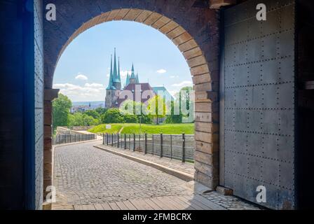 View from Petersberg Citadel, Dom, Cathedral, Domberg, old town, summer, Erfurt, Thuringia, Germany, Europe Stock Photo