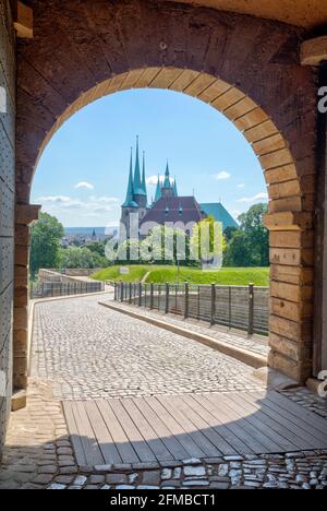 View from Petersberg Citadel, Dom, Cathedral, Domberg, old town, summer, Erfurt, Thuringia, Germany, Europe Stock Photo