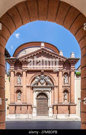 the main door of the San Carlo Borromeo, Baroque, Roman Catholic church located on Corso Giovecca, Ferrara, Emilia Romagna, Italy, Europe Stock Photo