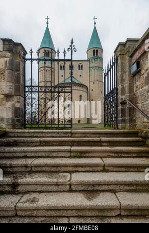 Germany, Saxony-Anhalt, Gernrode, staircase to the collegiate church St. Cyriakus. In the church there is a crypt from the 11th century. It is considered to be one of the oldest replicas of the Jerusalem Holy Sepulcher north of the Alps. Stock Photo