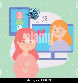 Women with depression in video conference of virtual therapy Stock Vector