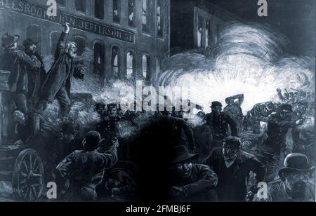 Haymarket Riot. The Haymarket affair was the aftermath of a bombing that took place at a labor demonstration on May 4, 1886, at Haymarket Square in Chicago. It began as a peaceful rally in support of workers striking for an eight-hour work day, the day after police killed one and injured several workers. Stock Photo